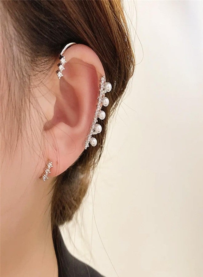 WZNBBOY Sparkling Rhinestone Fairy Pearls Ear Cuff Earrings Crystal Clip Climber Wrap Around Earrings for Women - Image 4